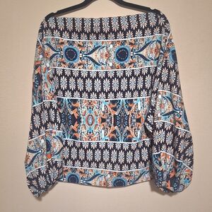 Bohemian Indian Print Women Blouse Boat Neck Elastic Wrists Light Airy Colorful